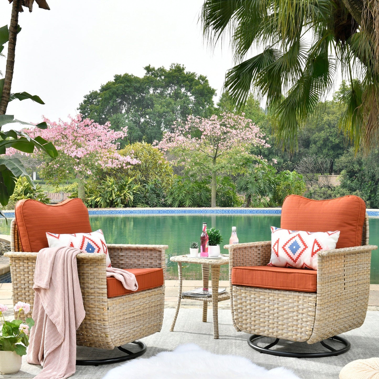 OVIOS 3-piece Pet-Friendly Patio Furniture Swivel Chairs Wicker Set