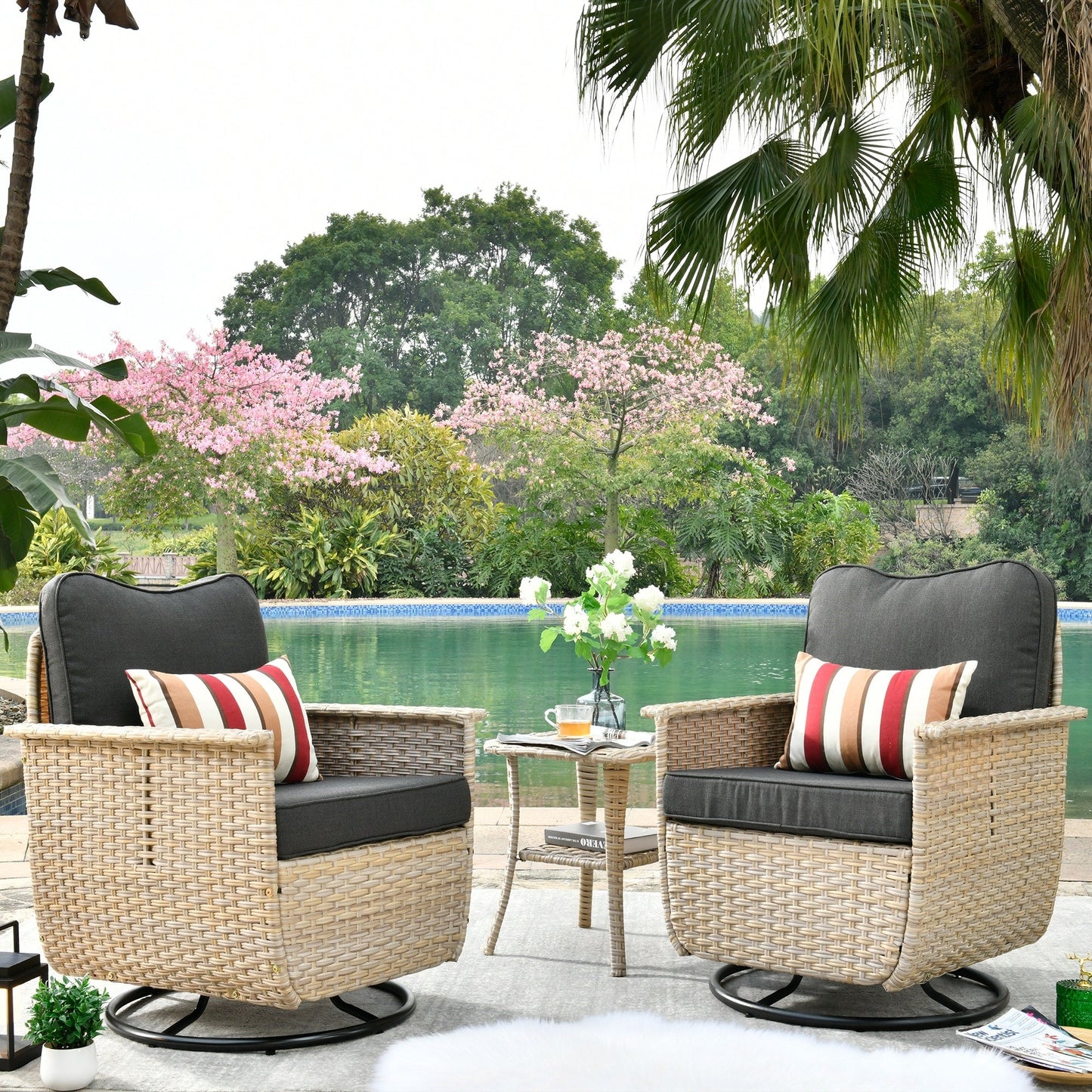 OVIOS 3-piece Pet-Friendly Patio Furniture Swivel Chairs Wicker Set