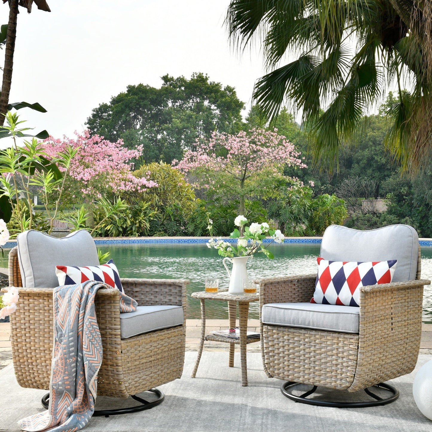 OVIOS 3-piece Pet-Friendly Patio Furniture Swivel Chairs Wicker Set