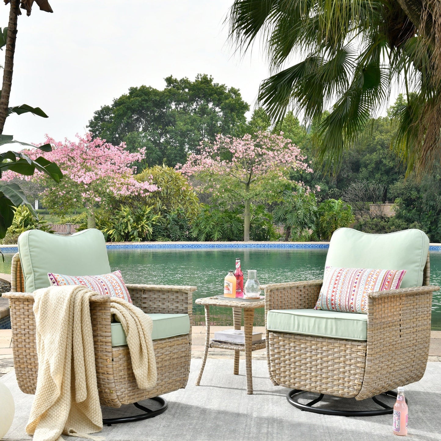 OVIOS 3-piece Pet-Friendly Patio Furniture Swivel Chairs Wicker Set