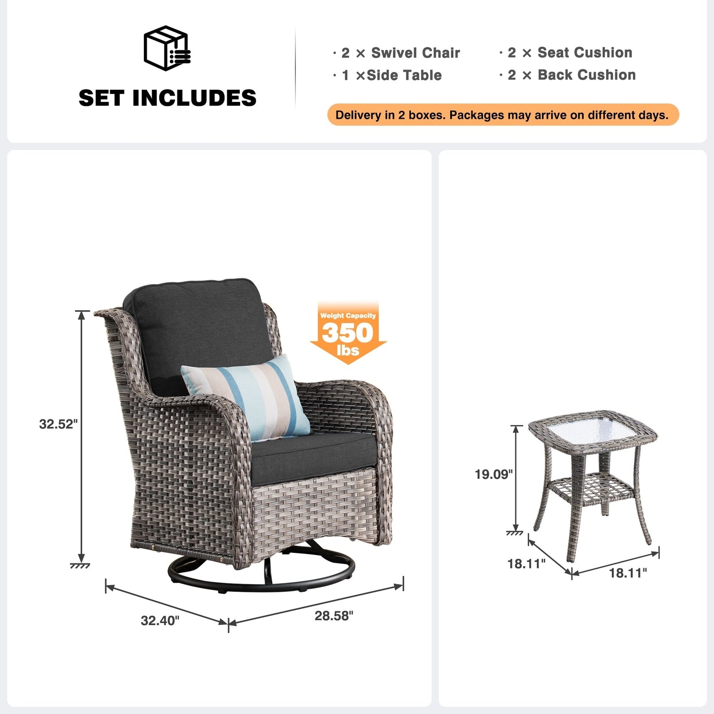 OVIOS 3-piece Patio Wicker Swivel Chair Set