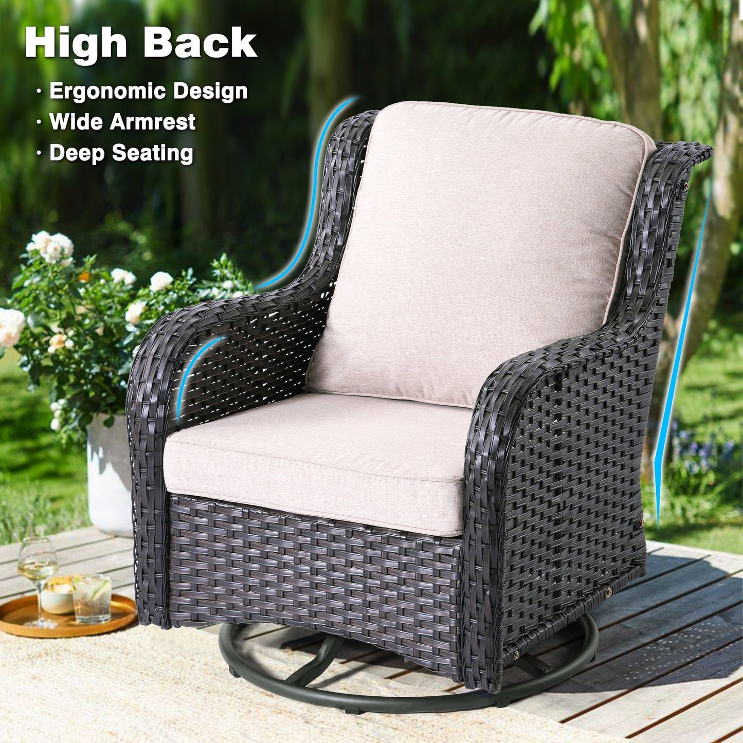OVIOS 3-piece Patio Wicker Swivel Chair Set