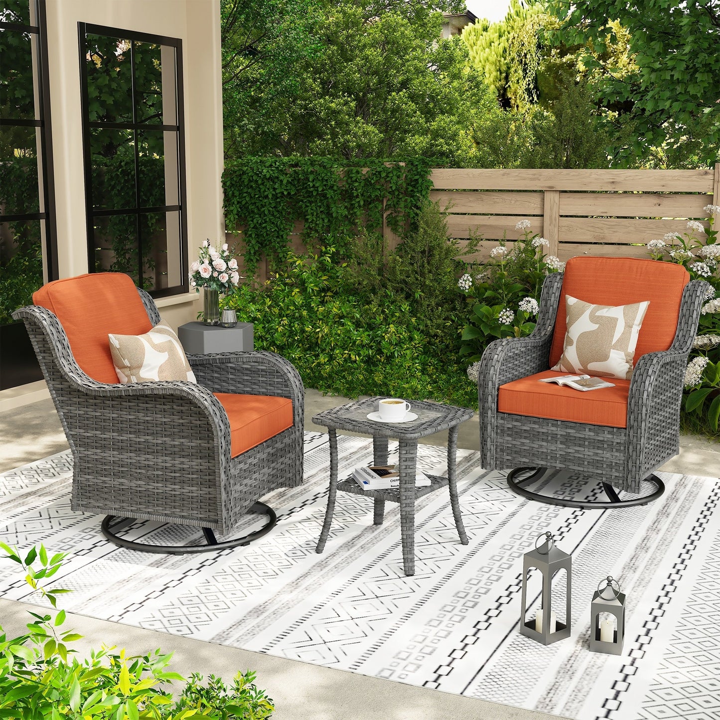 OVIOS 3-piece Patio Wicker Swivel Chair Set