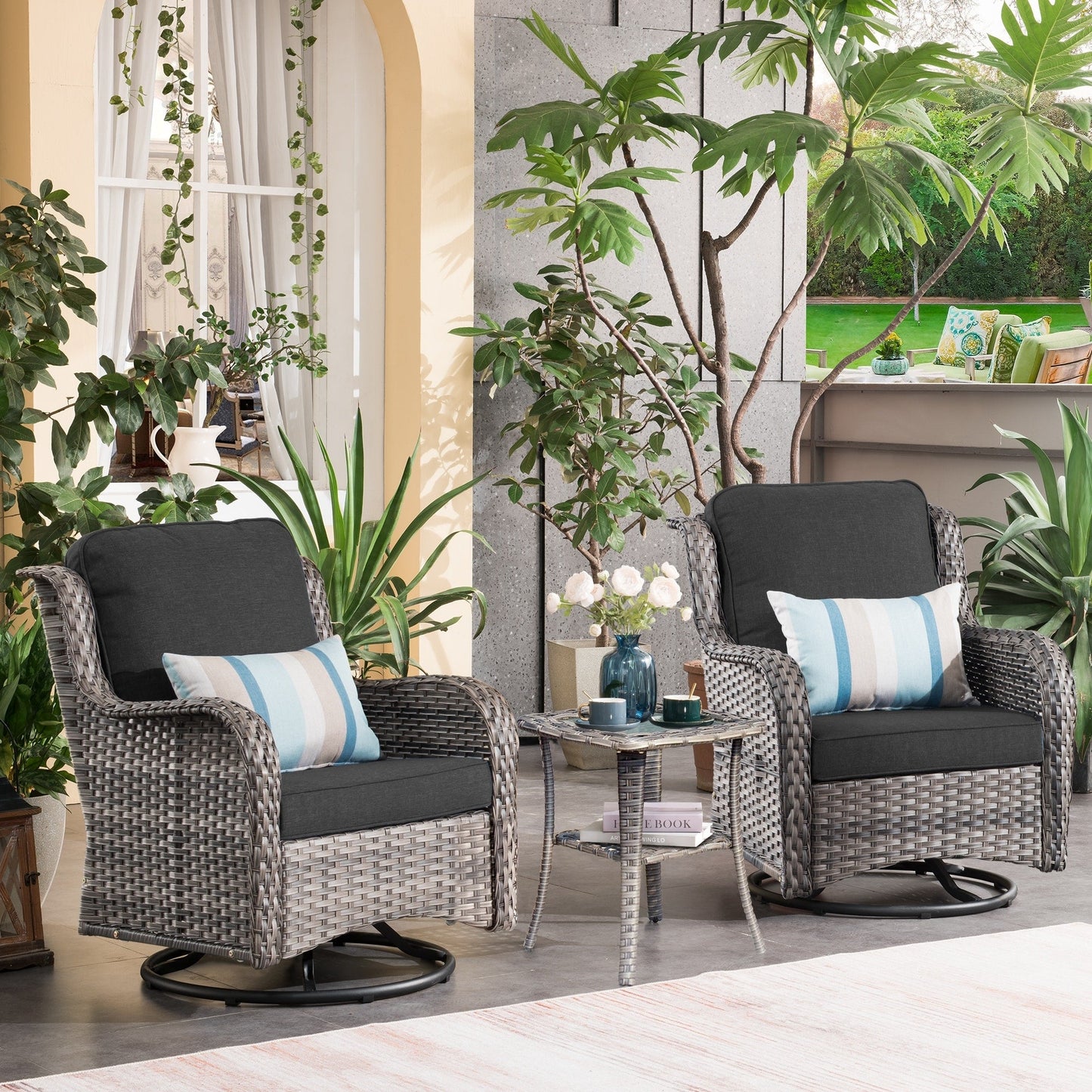OVIOS 3-piece Patio Wicker Swivel Chair Set
