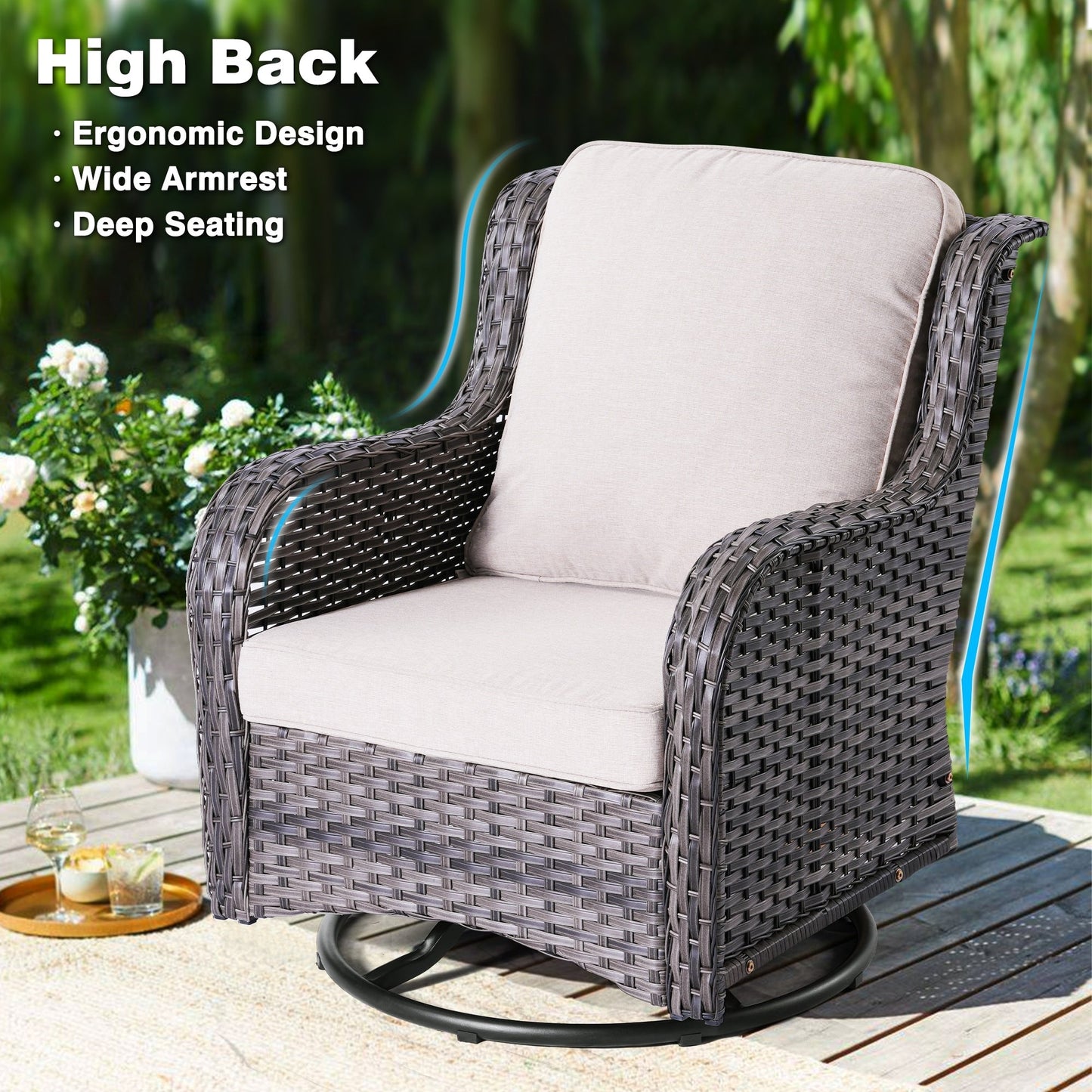 OVIOS 3-piece Patio Wicker Swivel Chair Set