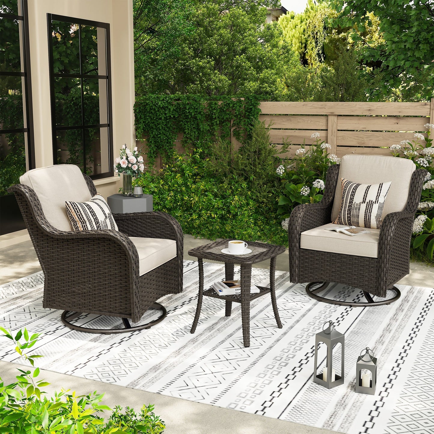 OVIOS 3-piece Patio Wicker Swivel Chair Set