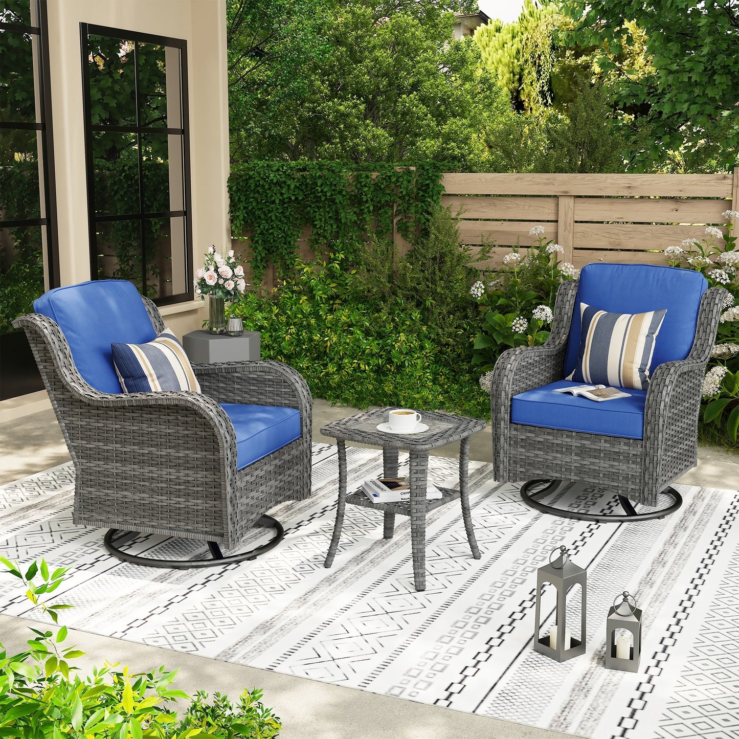 OVIOS 3-piece Patio Wicker Swivel Chair Set