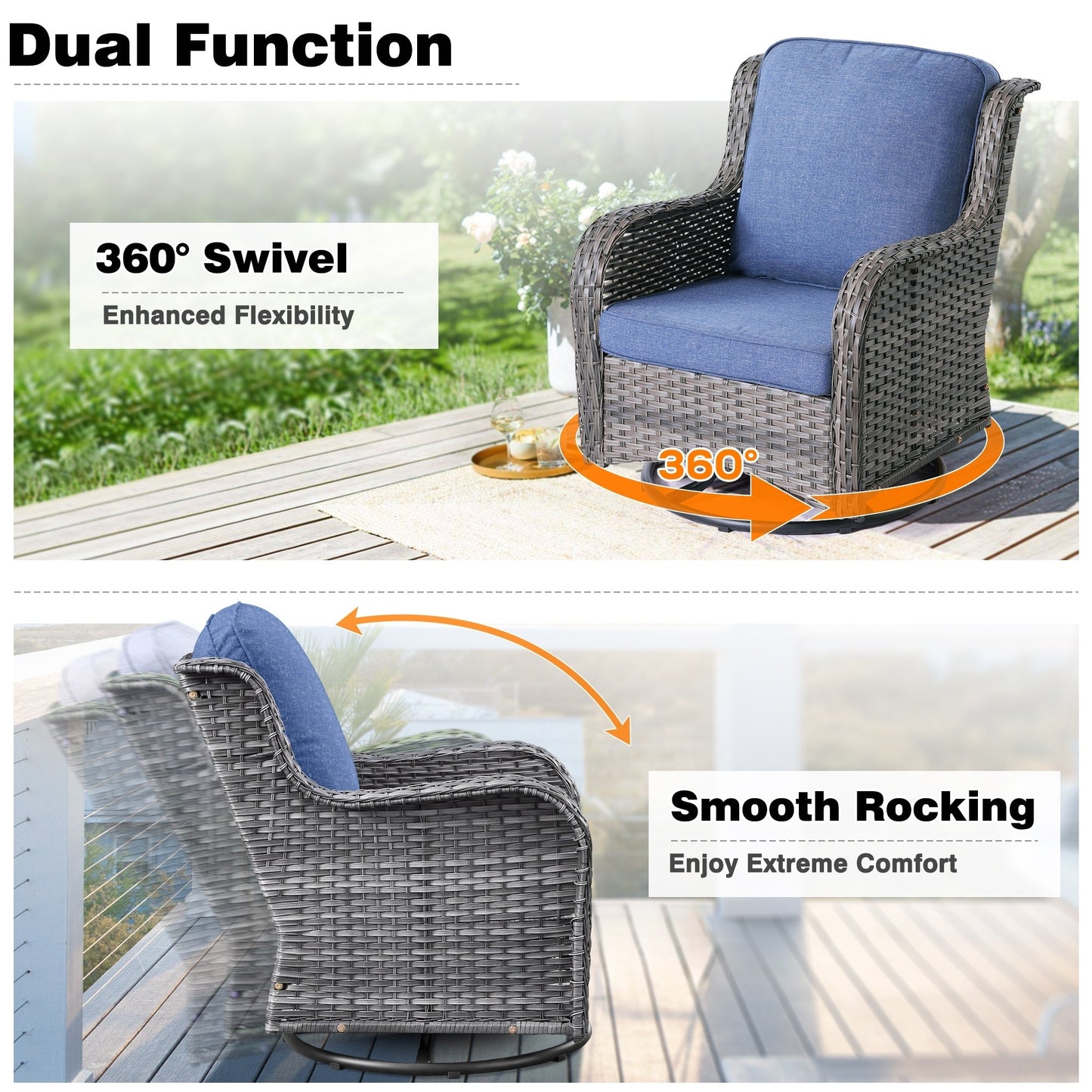 OVIOS 3-piece Patio Wicker Swivel Chair Set