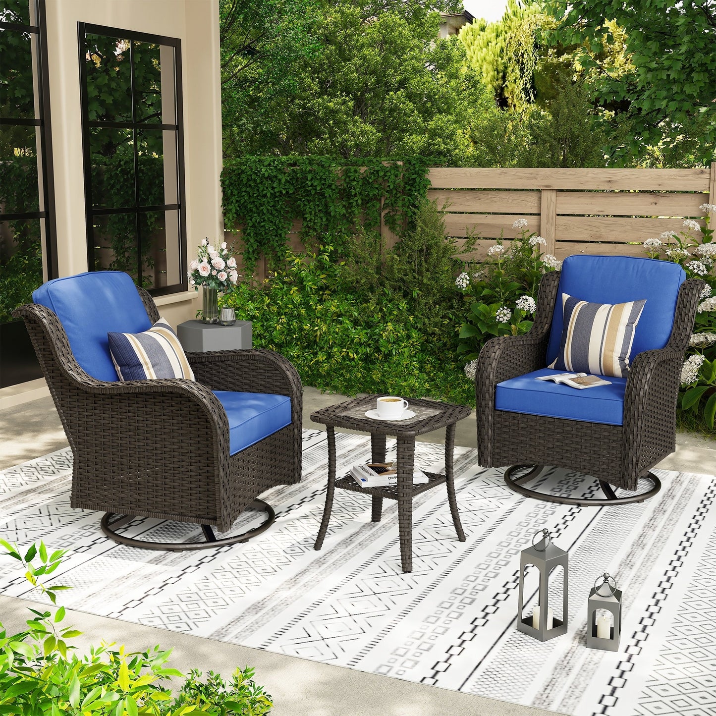 OVIOS 3-piece Patio Wicker Swivel Chair Set