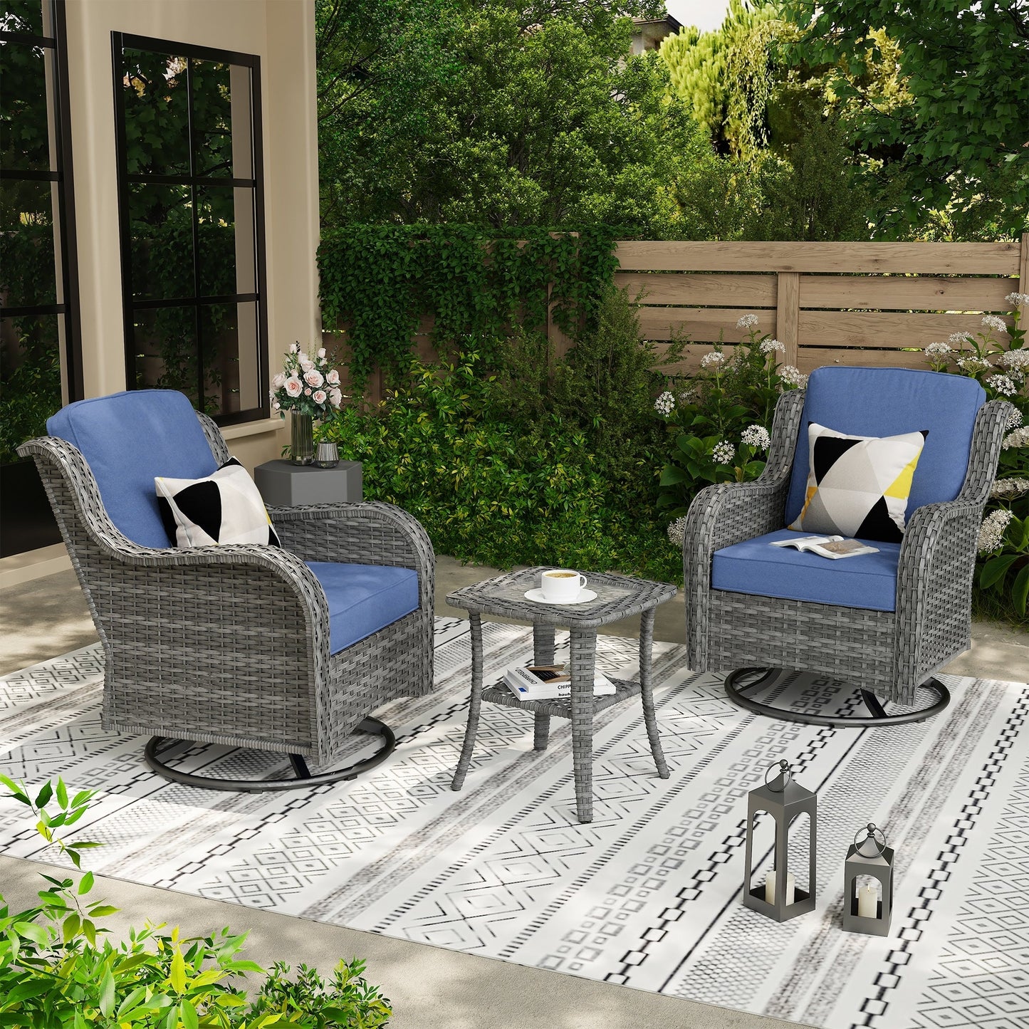 OVIOS 3-piece Patio Wicker Swivel Chair Set