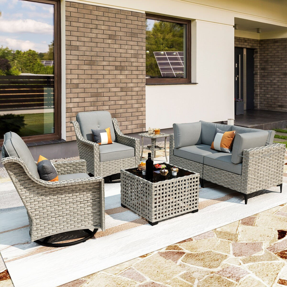 OVIOS 6 Pieces Outdoor Wicker Swivel Chair Set With Solar-Powered Coffee Table