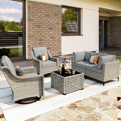 OVIOS 6 Pieces Outdoor Wicker Swivel Chair Set With Solar-Powered Coffee Table