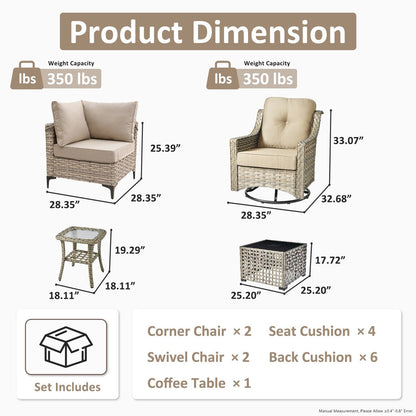 OVIOS 6 Pieces Outdoor Wicker Swivel Chair Set With Solar-Powered Coffee Table