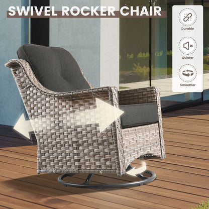 OVIOS 6 Pieces Outdoor Wicker Swivel Chair Set With Solar-Powered Coffee Table