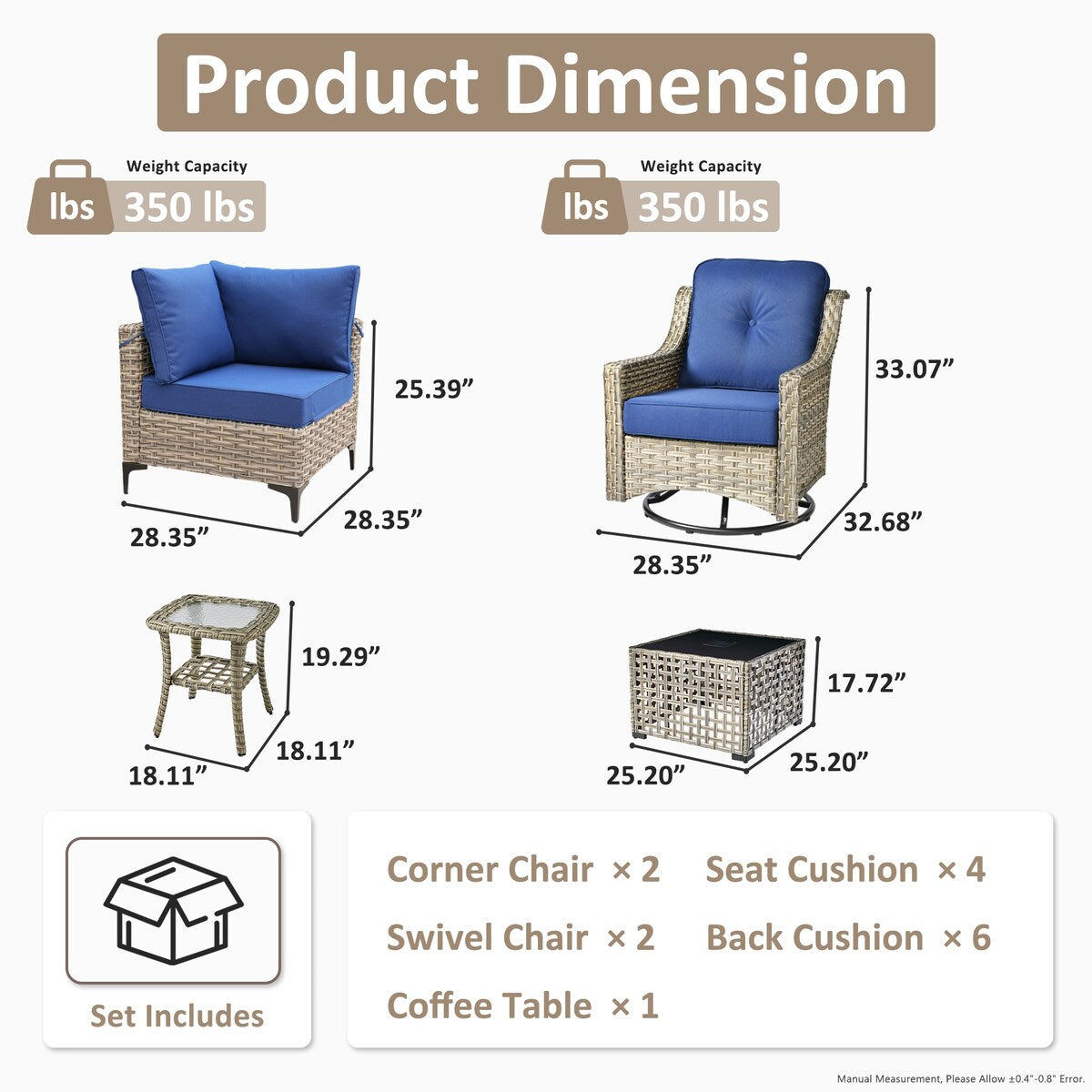 OVIOS 6 Pieces Outdoor Wicker Swivel Chair Set With Solar-Powered Coffee Table