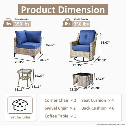 OVIOS 6 Pieces Outdoor Wicker Swivel Chair Set With Solar-Powered Coffee Table