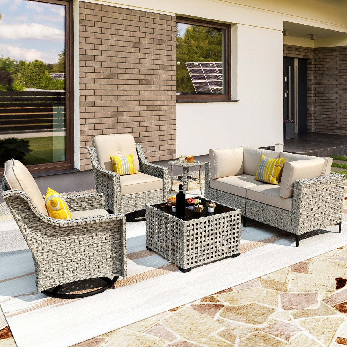 OVIOS 6 Pieces Outdoor Wicker Swivel Chair Set With Solar-Powered Coffee Table
