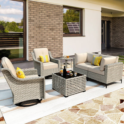 OVIOS 6 Pieces Outdoor Wicker Swivel Chair Set With Solar-Powered Coffee Table