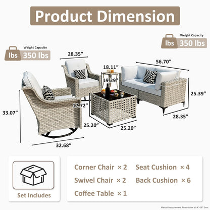 OVIOS 6 Pieces Outdoor Wicker Swivel Chair Set With Solar-Powered Coffee Table