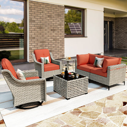 OVIOS 6 Pieces Outdoor Wicker Swivel Chair Set With Solar-Powered Coffee Table