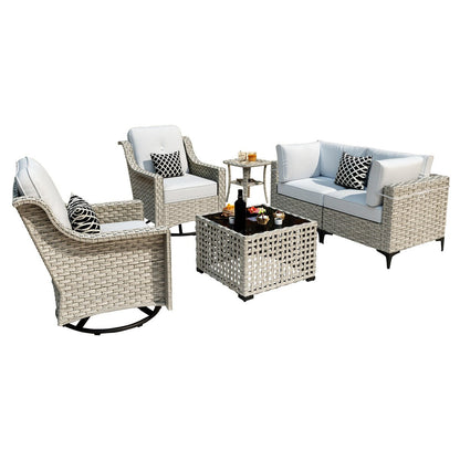 OVIOS 6 Pieces Outdoor Wicker Swivel Chair Set With Solar-Powered Coffee Table