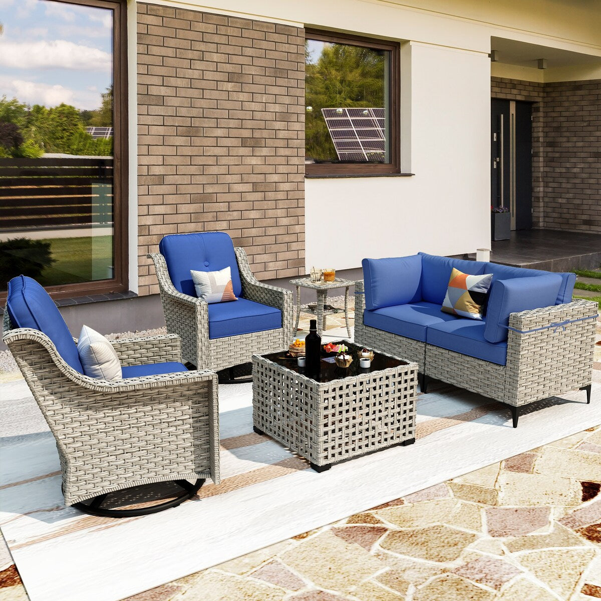 OVIOS 6 Pieces Outdoor Wicker Swivel Chair Set With Solar-Powered Coffee Table