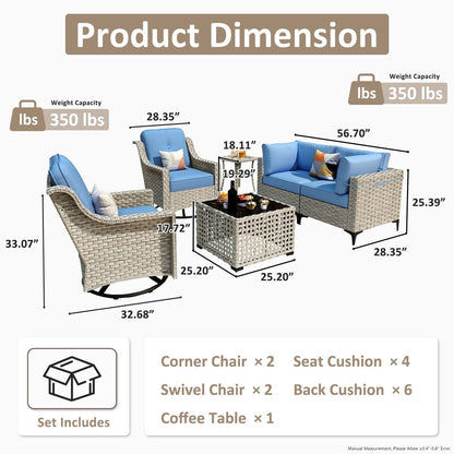 OVIOS 6 Pieces Outdoor Wicker Swivel Chair Set With Solar-Powered Coffee Table