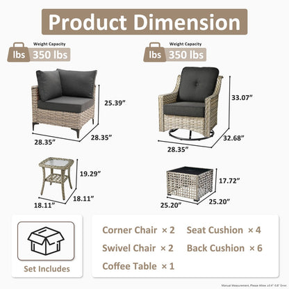 OVIOS 6 Pieces Outdoor Wicker Swivel Chair Set With Solar-Powered Coffee Table