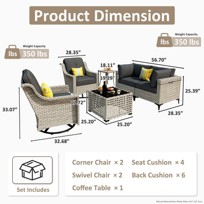 OVIOS 6 Pieces Outdoor Wicker Swivel Chair Set With Solar-Powered Coffee Table