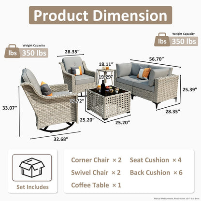 OVIOS 6 Pieces Outdoor Wicker Swivel Chair Set With Solar-Powered Coffee Table