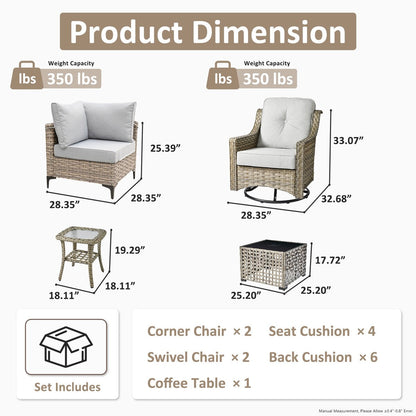 OVIOS 6 Pieces Outdoor Wicker Swivel Chair Set With Solar-Powered Coffee Table