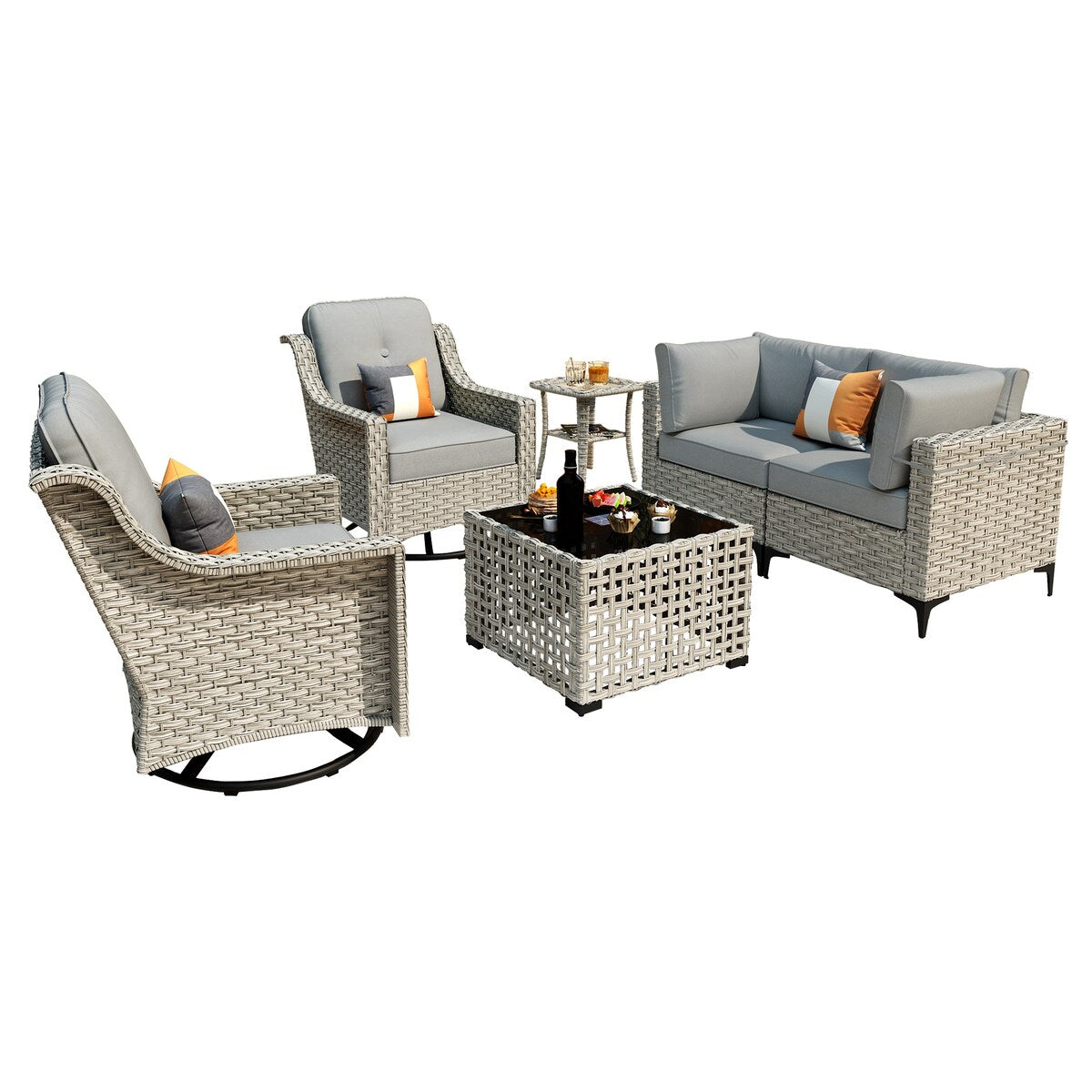 OVIOS 6 Pieces Outdoor Wicker Swivel Chair Set With Solar-Powered Coffee Table