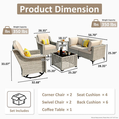 OVIOS 6 Pieces Outdoor Wicker Swivel Chair Set With Solar-Powered Coffee Table