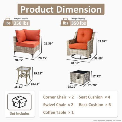 OVIOS 6 Pieces Outdoor Wicker Swivel Chair Set With Solar-Powered Coffee Table