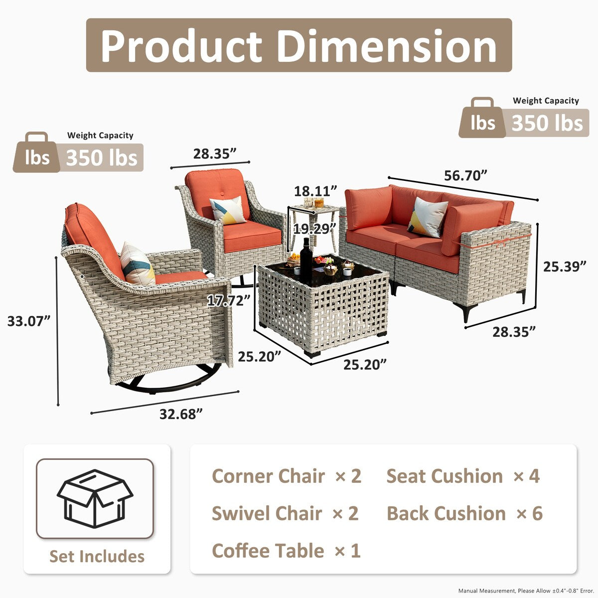 OVIOS 6 Pieces Outdoor Wicker Swivel Chair Set With Solar-Powered Coffee Table
