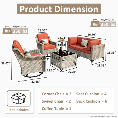 OVIOS 6 Pieces Outdoor Wicker Swivel Chair Set With Solar-Powered Coffee Table