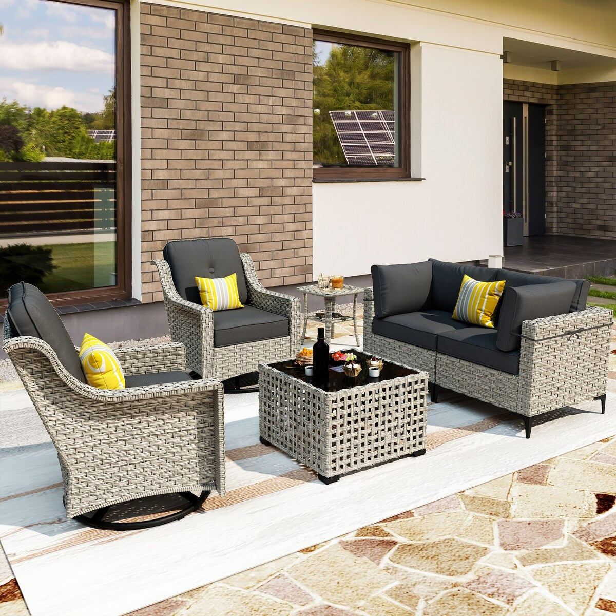 OVIOS 6 Pieces Outdoor Wicker Swivel Chair Set With Solar-Powered Coffee Table