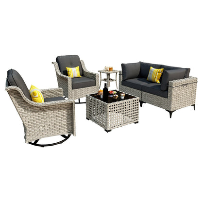 OVIOS 6 Pieces Outdoor Wicker Swivel Chair Set With Solar-Powered Coffee Table