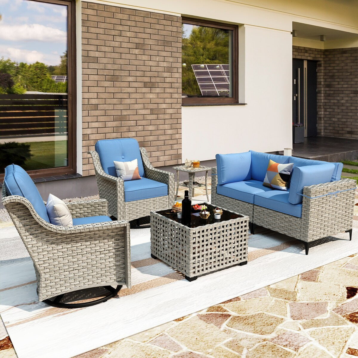 OVIOS 6 Pieces Outdoor Wicker Swivel Chair Set With Solar-Powered Coffee Table