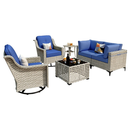 OVIOS 6 Pieces Outdoor Wicker Swivel Chair Set With Solar-Powered Coffee Table