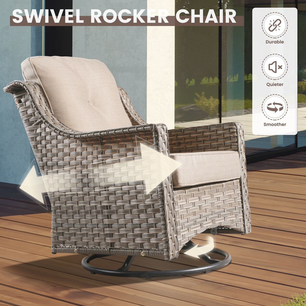 OVIOS 6 Pieces Outdoor Wicker Swivel Chair Set With Solar-Powered Coffee Table