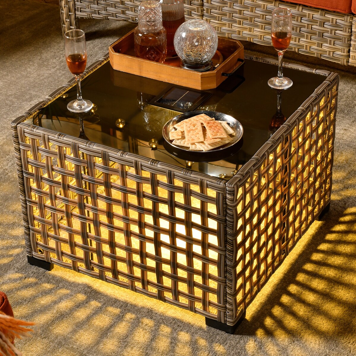 OVIOS 6 Pieces Outdoor Wicker Swivel Chair Set With Solar-Powered Coffee Table
