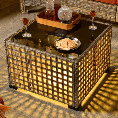 OVIOS 6 Pieces Outdoor Wicker Swivel Chair Set With Solar-Powered Coffee Table