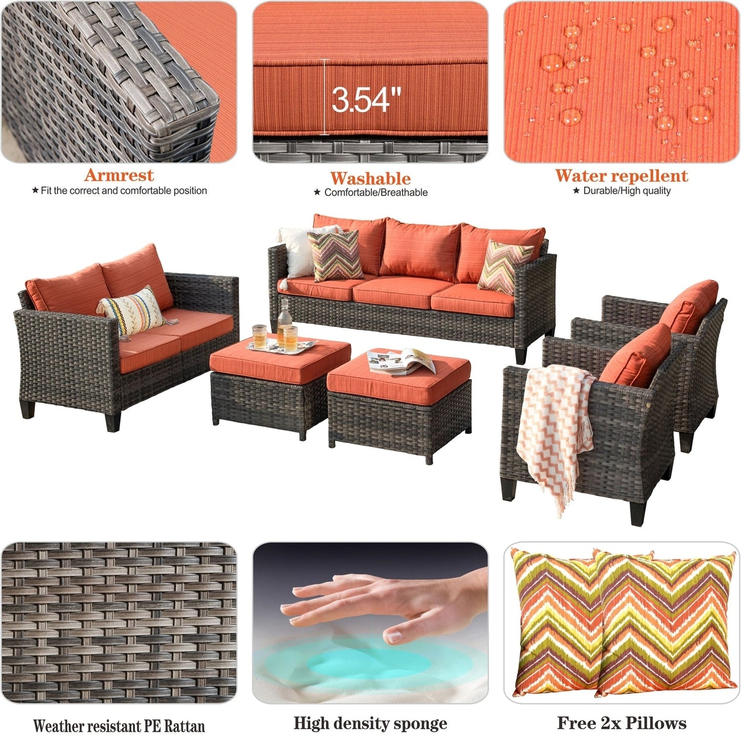 OVIOS 6-piece Patio Wicker Furniture Loveseat Conversation Set
