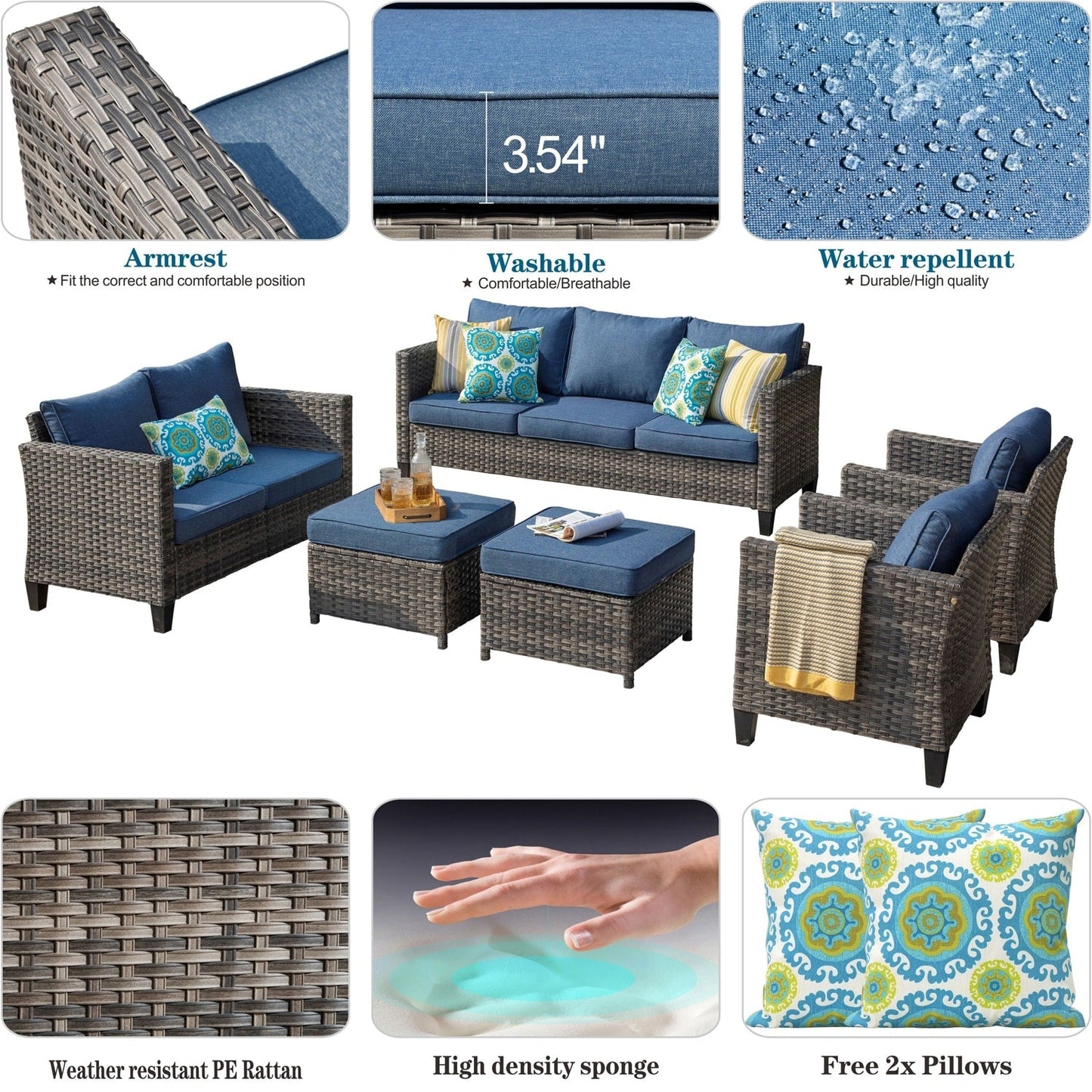 OVIOS 6-piece Patio Wicker Furniture Loveseat Conversation Set