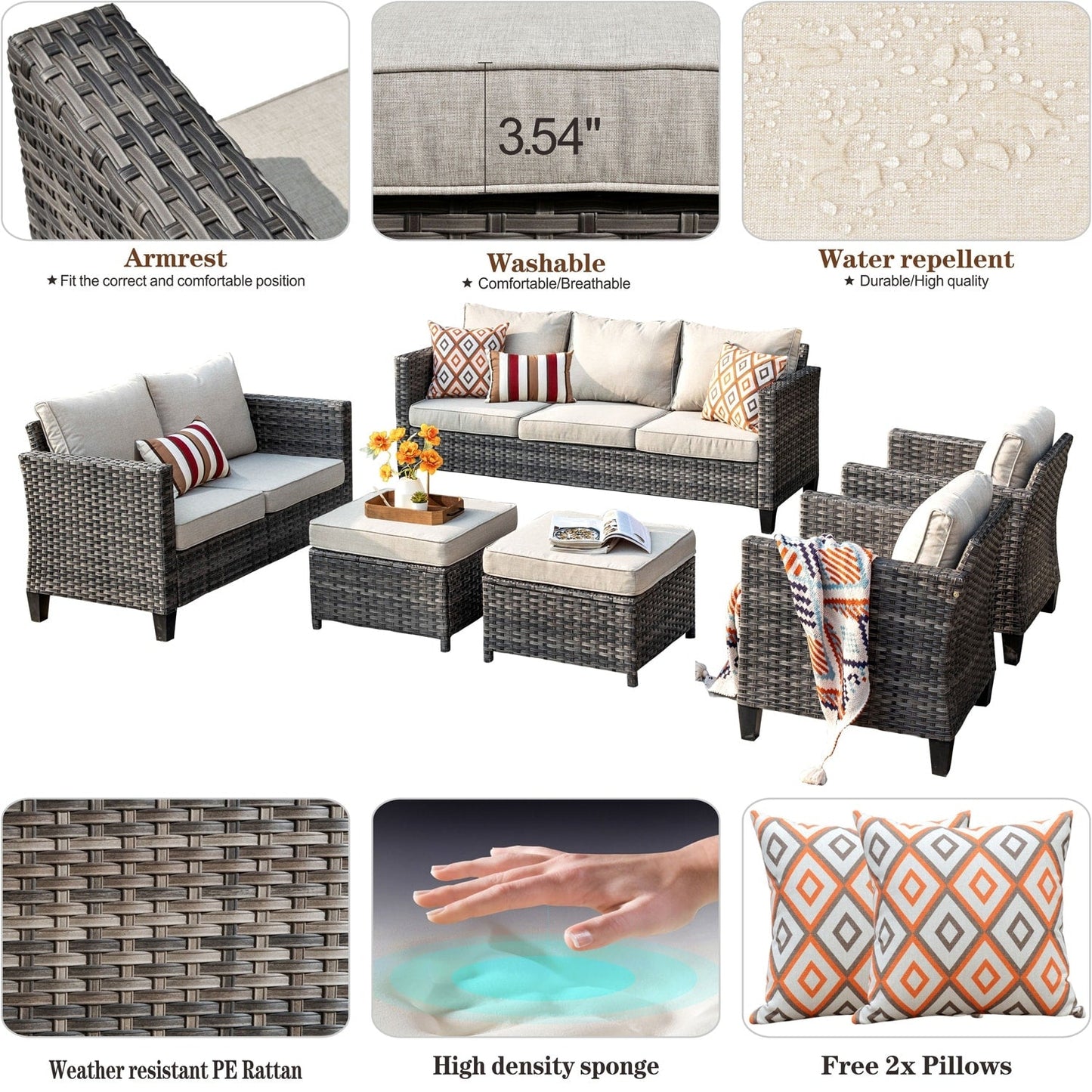 OVIOS 6-piece Patio Wicker Furniture Loveseat Conversation Set
