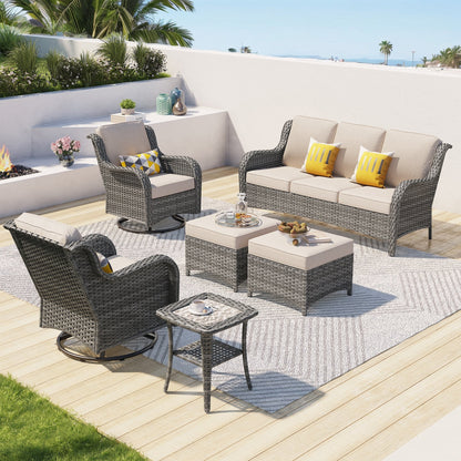 OVIOS 6-piece Patio Wicker Conversation Set with Swivel Chairs
