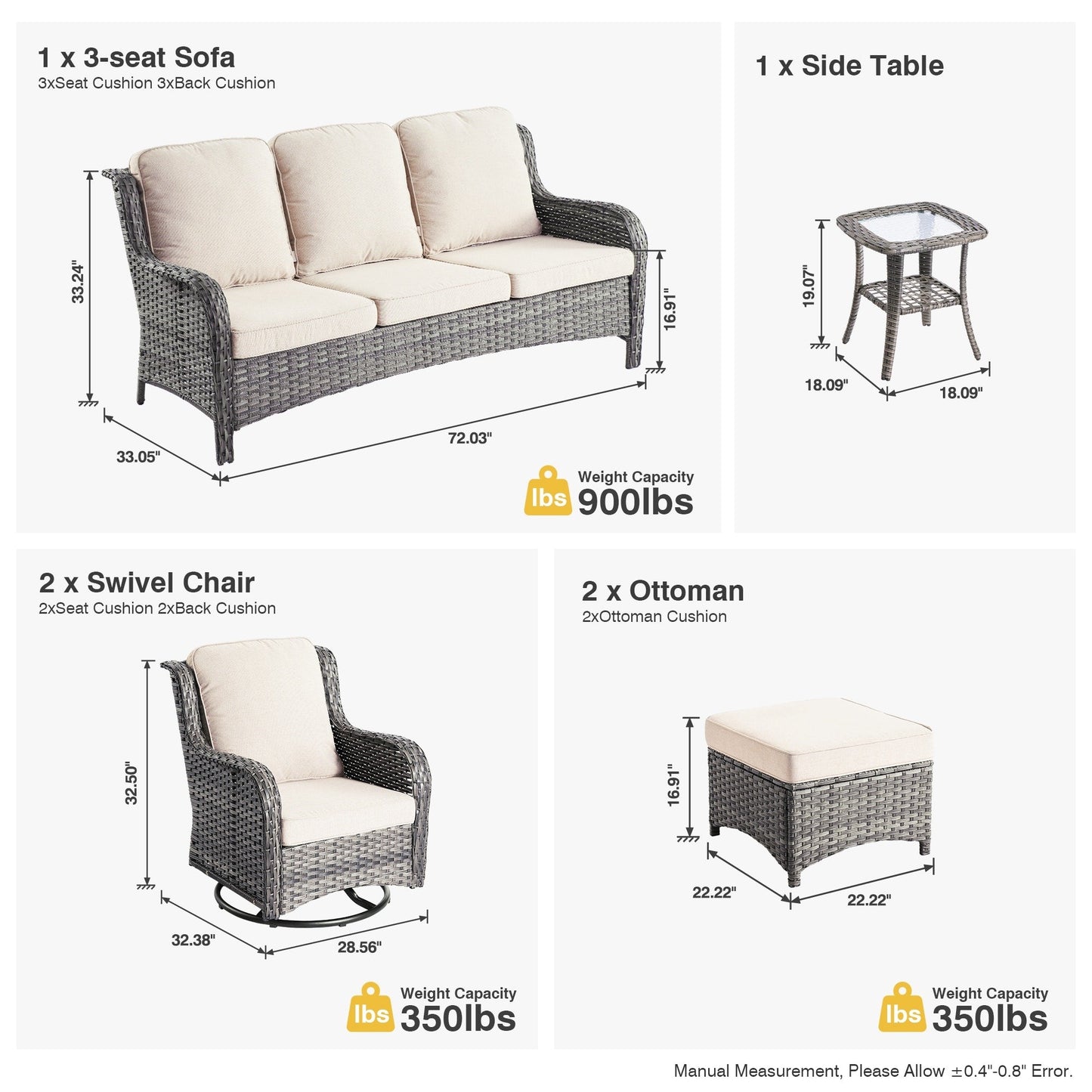OVIOS 6-piece Patio Wicker Conversation Set with Swivel Chairs