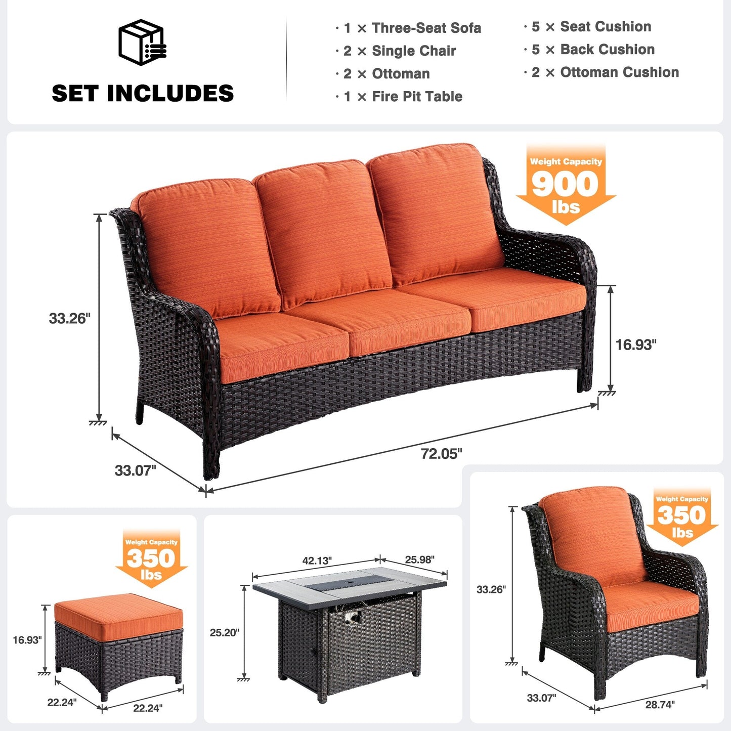 OVIOS 6-piece Patio Wicker Furniture Set With 42 Fire Pit Table