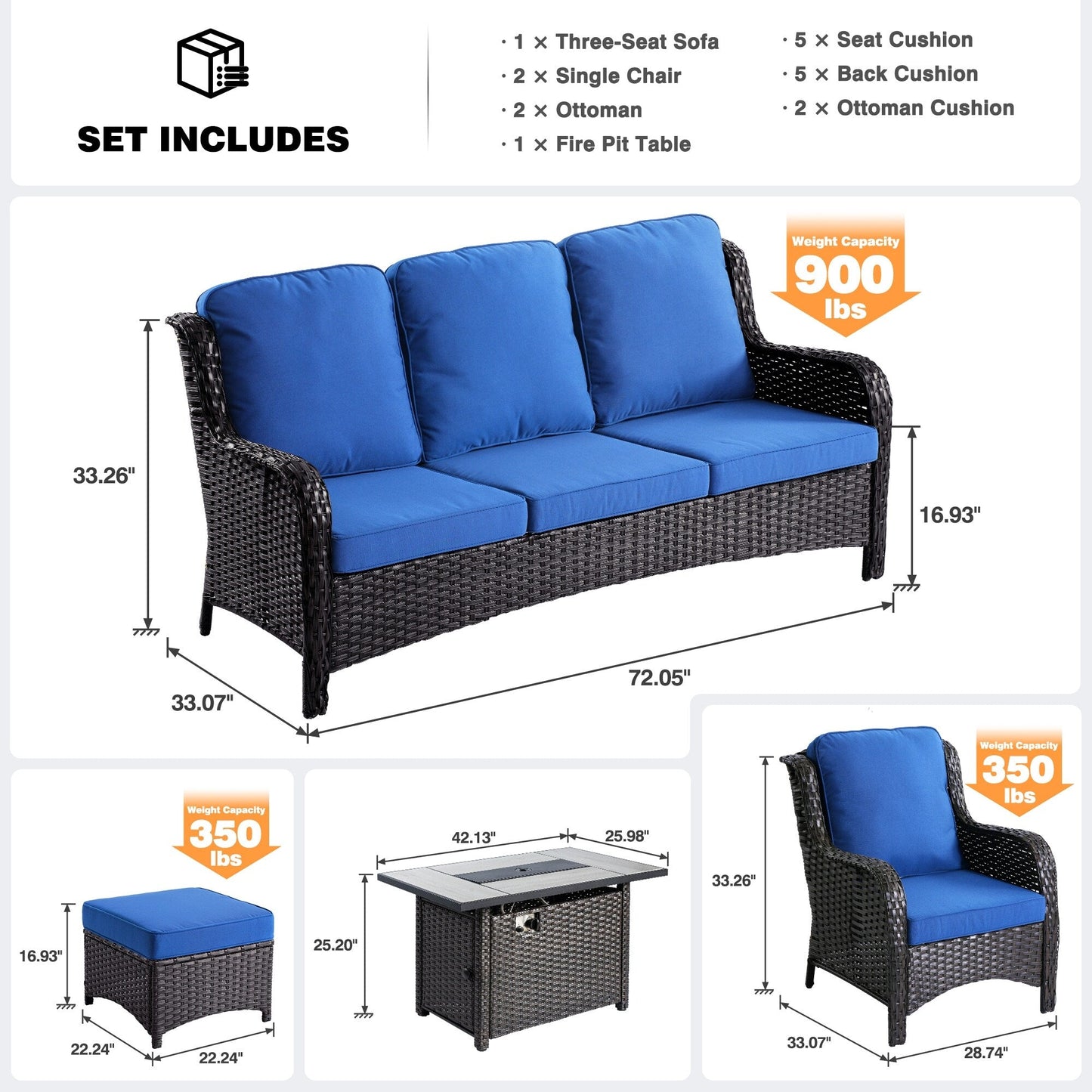 OVIOS 6-piece Patio Wicker Furniture Set With 42 Fire Pit Table